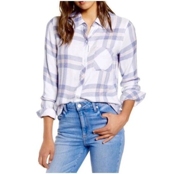 RAILS Women’s White Slate Rose HUNTER Flannel Button Down Blouse Top Size L - Picture 1 of 8